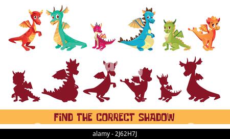 Finden Sie richtige Schatten Kind Puzzle Vektor Illustration. Cartoon Kinder Quiz-Spiel, um Schatten Form von lustigen niedlichen Drachen Monster, logische Lösung g entsprechen Stock Vektor