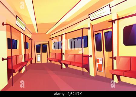 Vector Cartoon U-Bahn-Zug leeren Wagen im Inneren mit Passagiersitzen, Geländer Türen und Fenster. Unterirdische Verkehrsmittel Hintergrund te Stock Vektor