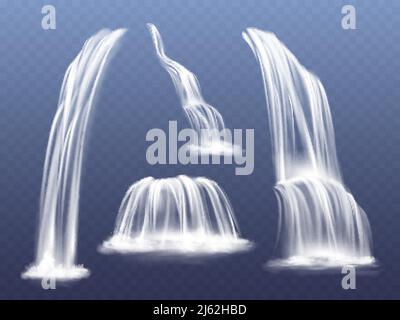 Vektordarstellung „Wasserfall“ oder „Wasserkaskade“. Isolierte realistische Reihe von fließenden Bächen, die mit Spritzern und Spritzern von Bergfelsen herabfallen Stock Vektor