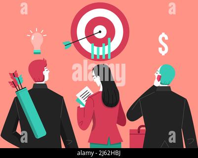 Business Target Vektor Illustration von Geschäftsmann mit Pfeil und Bogen für Ideen Inspiration und Geld Gewinn erreichen. Mitarbeiter- Mann Arche Stock Vektor