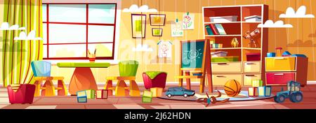 Vector Cartoon Kindergarten für Kinder, Spielplatz mit Fenster. Freizeiteinrichtungen, Inneneinrichtung des Kinderzimmers, Vorschule. Spielzeug für den Unterricht von Säuglingen - Cu Stock Vektor