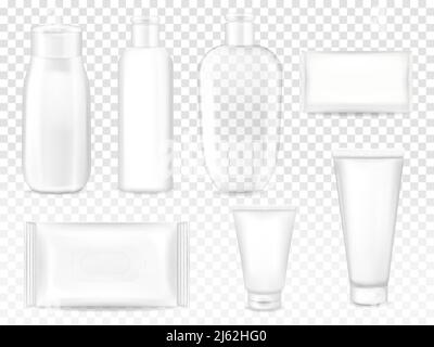 Kosmetische Pakete Vektor Illustration von Shampoo oder Lotion Plastikflasche, Gesichtscreme Tube oder Seife Papierverpackung und Feuchttücher Handtücher Beutel. Isoliert Stock Vektor