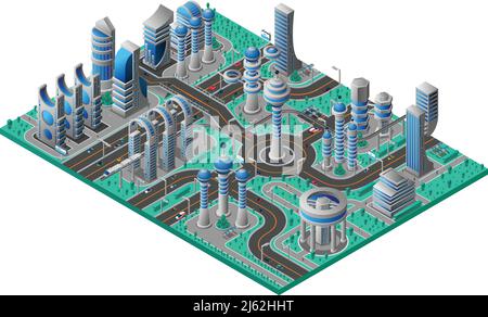 Zukünftige Stadt isometrische Zusammensetzung mit futuristischen Gebäuden von verschiedenen Bauweise Vektorgrafik Straße und Park Stock Vektor