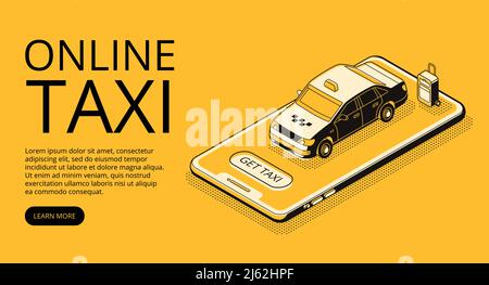 Taxi Online-Service-Vektor-Illustration in dünne Linie Kunst und schwarz isometrische Halbton-Stil. Auto auf Smartphone für Carsharing oder Carpool-Anwendung A Stock Vektor