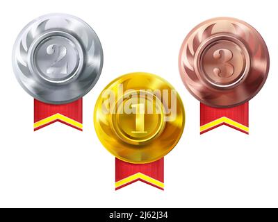 Medaillen Gold, Silber und Bronze Vektor Illustration der Champion Auszeichnungen für den ersten, zweiten und dritten Platz. Isoliertes Set aus metallisch glänzenden Sporttrophäen o Stock Vektor
