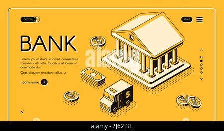 Bank und Geld isometrische dünne Linie Vektor Illustration von Dollar Geld und Bargeld CIT van. Business- und Bankfinanzierung Halbton Design Dollar und Münzen Stock Vektor