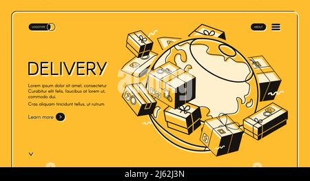 Vektorgrafik für die globale Postzustellung in isometrischem, dünnem Liniendesign auf gelbem Halbtonhintergrund. Briefumschläge und Paketboxen mit Post versenden Stock Vektor