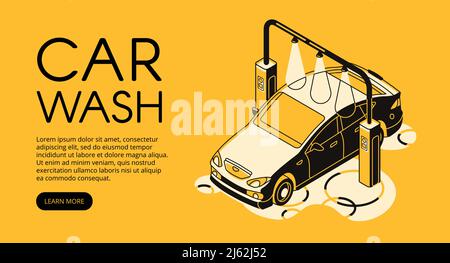 Auto waschen Service-Vektor-Illustration der Auto-Reinigungsstation. Isometrisches Design mit schwarzen dünnen Linien auf gelbem Halbtonhintergrund Stock Vektor