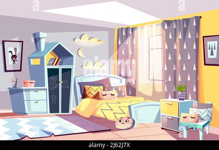 Kinderzimmer moderne Innenausstattung Vektor Illustration von Schlafzimmermöbeln im skandinavischen Stil. Cartoon gemütliches Bett mit Decke oder Spielzeug auf Teppich und Schublade w Stock Vektor