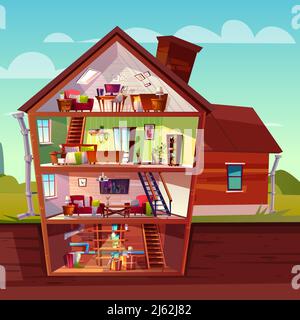 Vector dreistöckiges Haus im Querschnitt mit Keller, Cartoon mehrstöckiges privates Gebäude. Dachboden, Möbel im Wohnzimmer, Sofa, TV und Stock Vektor