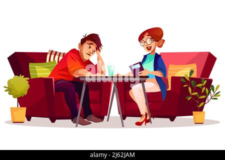 Psychologe Therapie Beratung Vektor Illustration der Psychologie oder Psychiatrie. Frau, die jungen Mann in trauriger Depression oder Leben und psychischen Probl Stock Vektor