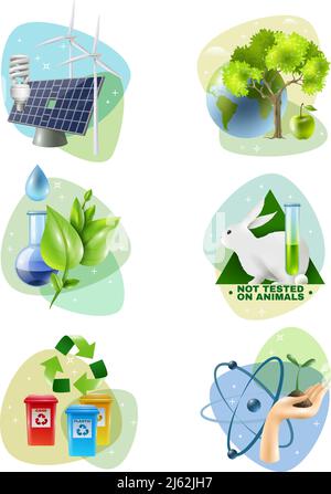 Ökologie 6 Icons Set mit sauberen grünen Energiegeneratoren Recycling Und Verbot von Tierversuchen isoliert Vektor Illustration Stock Vektor