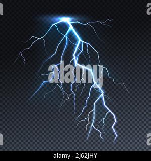 Blitz oder Blitz Licht Vektor Illustration. Isolierte realistische Himmel Gewitter elektrischen Funken blinken auf transparentem Hintergrund Stock Vektor