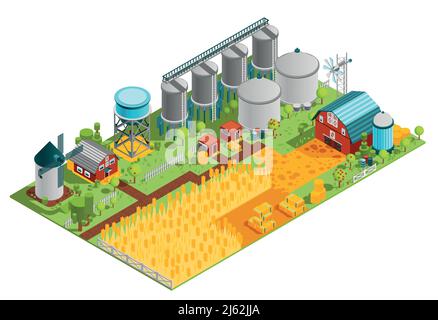 Bauernhof ländliche Gebäude isometrische Zusammensetzung mit Häusern Stauseen Mühle und Plantage Feld von Weizen Vektor-Illustration Stock Vektor