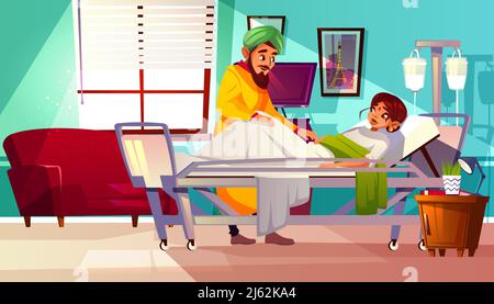 Vektordarstellung der Krankenstation der indischen Patientin, die auf der medizinischen Couch liegt, und des Besuchers. Cartoon-Hintergrund im Innenraum mit Intensivstation Stock Vektor