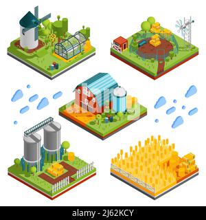 Bauernhof ländliche Gebäude isometrische Kompositionen mit quadratischen Segmenten gesetzt ranch Reservation mit Plantagen Mühlen Reservoirs Vektor-Illustration Stock Vektor