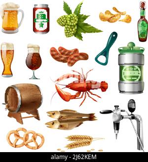 Oktoberfest Bier Snacks und Accessoires bunte Ikonen Kollektion mit Eiche Fass Hummer und Brezeln isoliert Vektor-Illustration Stock Vektor