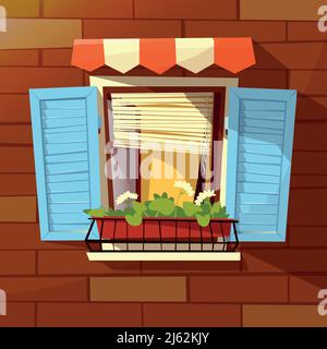 Haus Fassade Vektor-Illustration von Fenster mit hölzernen Fensterläden, Sonnenblendenmarkise und Blumentopf. Moderne oder alte Retro-Fensterfassade auf Backsteinmauer-Outdoo Stock Vektor