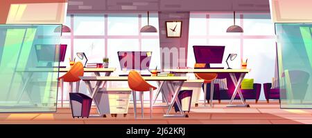 Vektordarstellung von Büroarbeitsplatzes oder Coworking Business Open Workplace Interior. Cartoon moderne Möbel mit Computertischen, Stühlen und Schreibtischen Stock Vektor