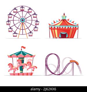 Vector Cartoon Vergnügungspark Attraktionen gesetzt. Riesenrad, Karussell, Achterbahn und Zelt. Zirkus Kirmes Festival Kinder ente Stock Vektor