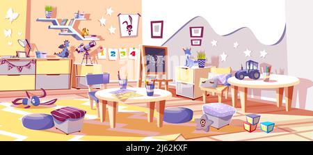 Kinderzimmer oder Kindergarten Innenraum Vektor-Illustration in gemütlichen skandinavischen Stil. Tische mit Kindern Bleistifte zeichnen, Auto und Drachen Spielzeug wi Stock Vektor