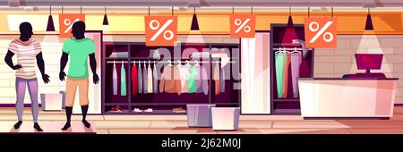 Herrenmode Mode Boutique Innenraum Vektor Illustration von Männern Kleidung Verkauf. Anzüge, Hosen und Hemden auf Schaufensterpuppen, Bekleidung Stock Vektor