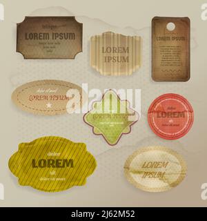 Scrapbooking Papier Elemente Vektor-Illustration von Vintage-Etiketten oder Tags Mit Rahmen im Retro-Stil und altem Grunge- oder Fleckeffekt Für Nachrichtennotizen oder Stock Vektor