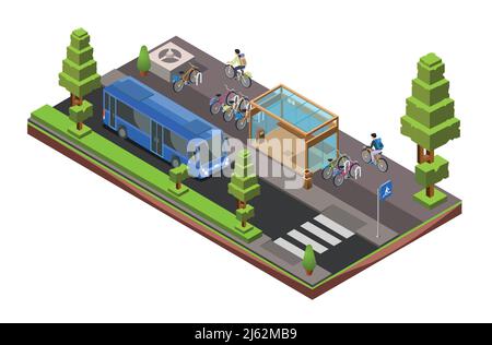 Vektor-isometrischer Busstopp-Querschnitt. 3d City Glass Station mit geparkten Fahrrädern, Radfahrern, Busfahrzeug, Fußgängerüberweg, Mülltonne, Bäume. Stock Vektor