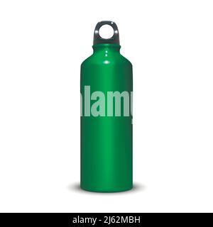 Aluminium-Flasche Vektor-Abbildung von Sport-Aluminium-Wasserbehälter mit Kunststoff-Ring-Spung. Isoliertes 3D realistisches grünes Modell für Branding auf Stock Vektor