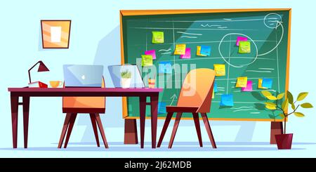 Kanban Board at Workplace Vektordarstellung für agiles Scrum Management und Teamwork Business Planning. Cartoon-Computer am Bürotisch, Treffen sch Stock Vektor