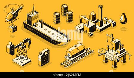 Ölförderung und Raffinerie, Ölindustrie Transport, Objekte und Gebäude Linie Kunst, isometrische Vektoren gesetzt. Sammlung von Symbolen für Benzinproduktion Stock Vektor