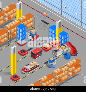 Automatische robotische Lagerbereich isometrische Innenausstattung mit Schaufelheber Drohnen und Regale mit ähnlichen Boxen Vektor-Illustration Stock Vektor