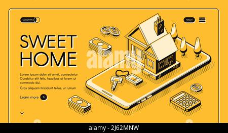 Immobilienagentur-Service-Vektor-Illustration in isometrischer dünner Linie auf gelbem Halbtonhintergrund. Sweet Home Web-Banner-Design von Haus und Mobil Stock Vektor