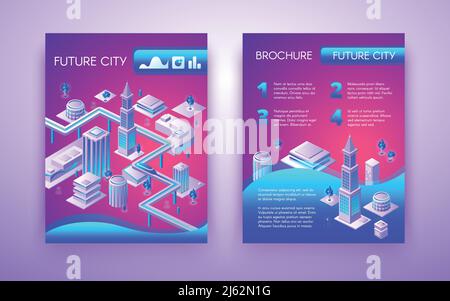 Future City Konzeptbroschüre isometrische Vektorvorlage in leuchtenden fluoreszierenden Farben mit U-Bahn-Zug zwischen futuristischen Stadtgebäuden. Cit Stock Vektor