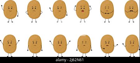 Kartoffel. Niedliche Gemüsefiguren mit verschiedenen Emotionen, Vektorgrafik Stock Vektor