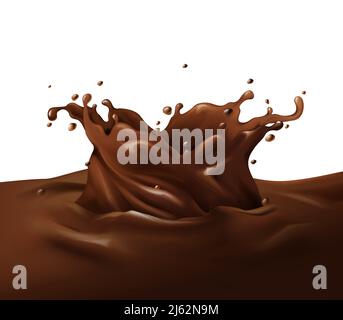 Schokoladen-Spritzer-Vektor-Illustration von realistischem 3D dunkel oder milchig schoko-Fondant wirbeln mit Tropfen im Flüssigkeitsstrom auf Weiß Hintergrund für Süßigkeiten oder Swee Stock Vektor