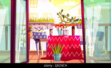 Balkon mit Tisch und Stühlen Vektor-Illustration von Home-Terrasse von Wohnungen mit Balkon Garten, Blick auf Straßenhäuser. Cartoon bequemer Vint Stock Vektor