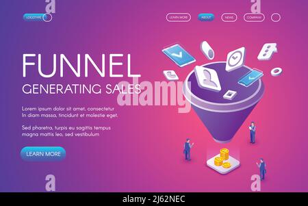 Abbildung der Verkaufsvektoren für die Generierung von Trichtern für digitales Marketing und E-Business-Technologie. Geschäftsmann im Handel mit Smartphones und Geld profitieren Stock Vektor