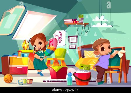 Bruder und Schwester Reinigung im Kinderzimmer Cartoon Vektor-Illustration mit Jungen und Mädchen Figuren waschen Möbel, wischen Staub. Hausarbeit Stock Vektor