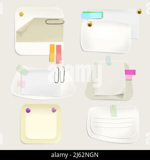 Notizen in Papierform Vektordarstellung von Memoaufklebern und Erinnerungen mit Clips, Stiften und Daumennadeln auf dem Pinnwand. Realistisch isolierter Satz offic Stock Vektor