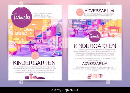 Vektor-Broschüren mit Cartoon-Kindergarten für Kinder, Unterricht in der Vorschuleinrichtung. Booklet mit Spielplatz, Freizeit und Interieur o Stock Vektor
