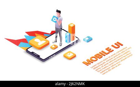 Mobile UI Vektordarstellung der Smartphone-Benutzeroberfläche oder UX-Anwendungen auf dem Display. Isometrisches Design der Entwicklung von Web-Apps für Internet-Kommun Stock Vektor