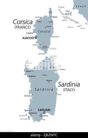 Korsika und Sardinien, graue politische Landkarte. Französische und italienische Inseln, mit Hauptstädten Ajaccio und Cagliari, im Mittelmeer. Stockfoto