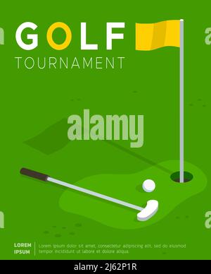 Promo-Poster oder Einladungsflyer-Vorlage für flache Vektor-Grafiken für Golfturniere. Putter Golfschläger und Ball liegen auf dem Rasen in der Nähe Flagge in Loch. Sportwettkampf Stock Vektor