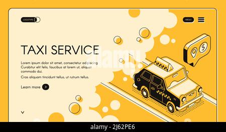 Taxi Online-Bestellservice mit Reise Kosten Berechnung Vektor Web-Banner oder Landing Page mit Taxi geht auf Straße Linie Kunst isometrische Illustration. Trans Stock Vektor