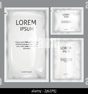 Vector weißen Beutel, Folienbeutel Papier Mockup. Realistische Illustration glänzend blank Kosmetik Hygiene Shampoo Seife nass Tücher Beutel Medizin Verpackung. Foo Stock Vektor