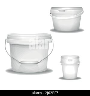 Weiße Kunststoffeimer Vektorgrafik 3D realistischer Farbeimer. Isolierte blanke Modelle, industrielle Kunststoffbehälter, verpackt mit Deckel und Stock Vektor