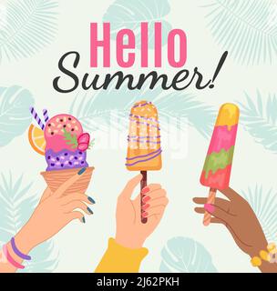 Hallo Sommer Banner oder Poster, Hand halten Eis Stock Vektor