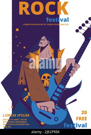 Rock-Musik-Festival Poster Vektor-Illustration. Rocker Konzert Plakat oder Eintrittskarte flach Cartoon Design Vorlage des Mannes mit E-Gitarre und sk Stock Vektor