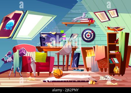 Chaotisch Dachgeschoss Kinderzimmer mit ungedeckten Bett, Unordnung auf dem Schreibtisch, verstreute Kleidung und Spielzeug Cartoon-Vektor-Illustration. Dachgeschoss Schlafzimmer gehören c Stock Vektor